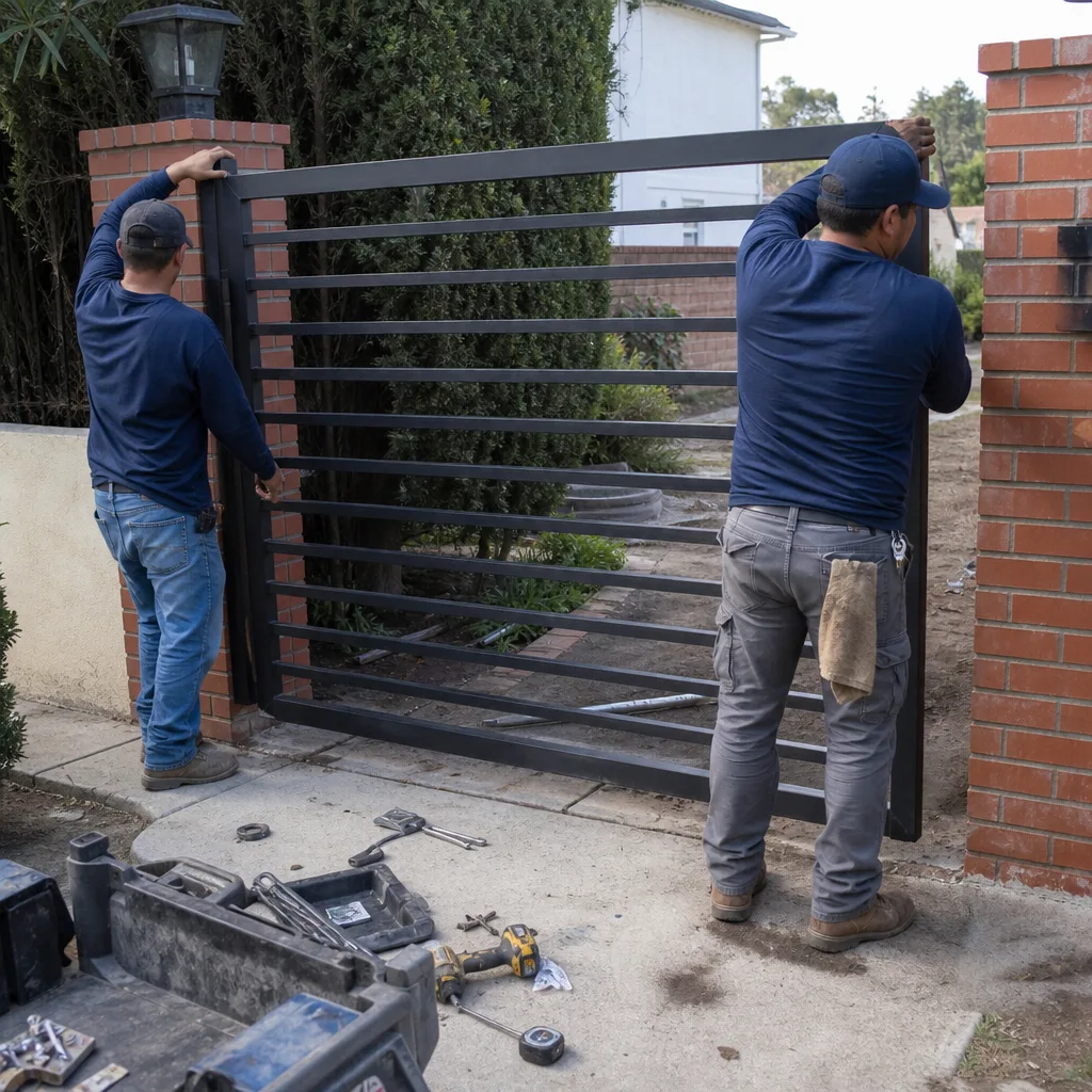 Two professionals installing a modern black metal gate between brick pillars.