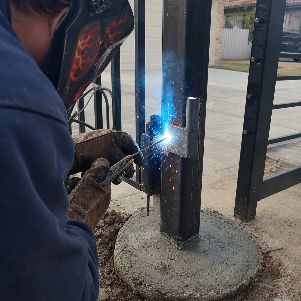Professional welder performing gate hinge repair and metal fabrication