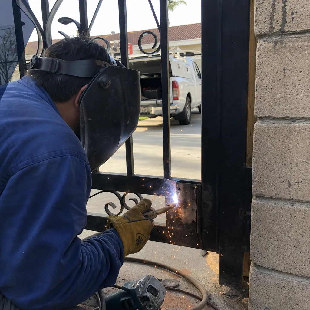 Professional welder performing metal gate repair and maintenance